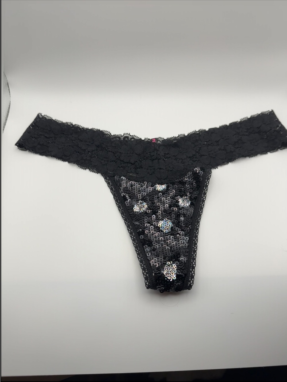 PINK Victoria's Secret Black Lace Thong with Pink Logo